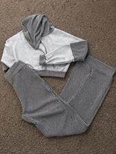 Women's Gray Striped Hoodie  Pants Set, Long Sleeve, Hooded, Drawstring, Casual