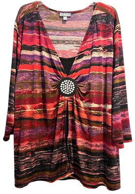 Essentials Two Fer Top Size 3X Multi Striped Embellished Stretchy Career Blouse