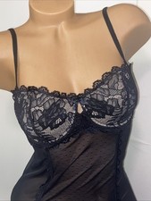 VTG VICTORIAS SECRET BLACK SLIP BODY CON MESH GARTERS UNDERWIRE 36C NIGHTIE L80
