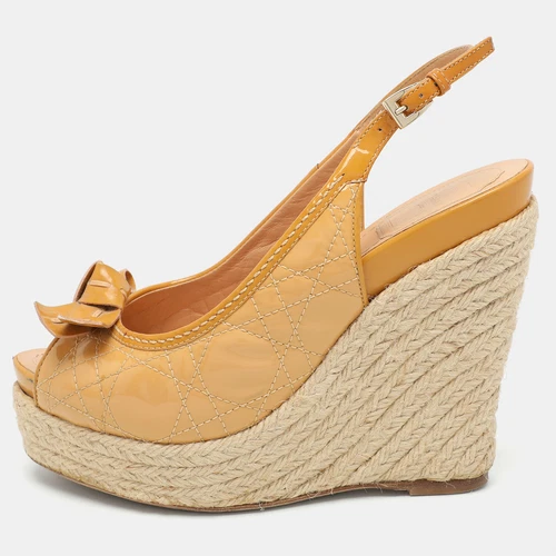 Sandales compensées Dior beige cannage cuir verni nœud espadrille plateforme pointure