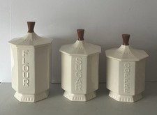 Vintage 3-Piece Canister Set MCM Deco White Ceramic w/ Wood Handle