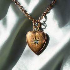 Antique- 10K Gold Old Mine Cut Diamond Heart Puff Necklace -14