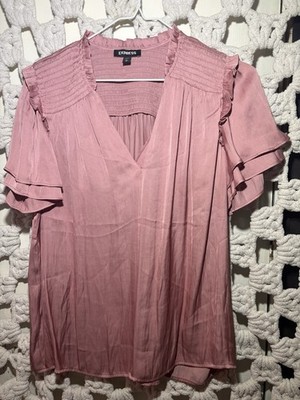 Express Pink Smocked Ruffle Sleeve V-Neck Blouse Women's Size M