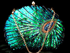Wedding Peacock Bridal Blue Green Beads  Sequins Evening Oval Crossbody Purse