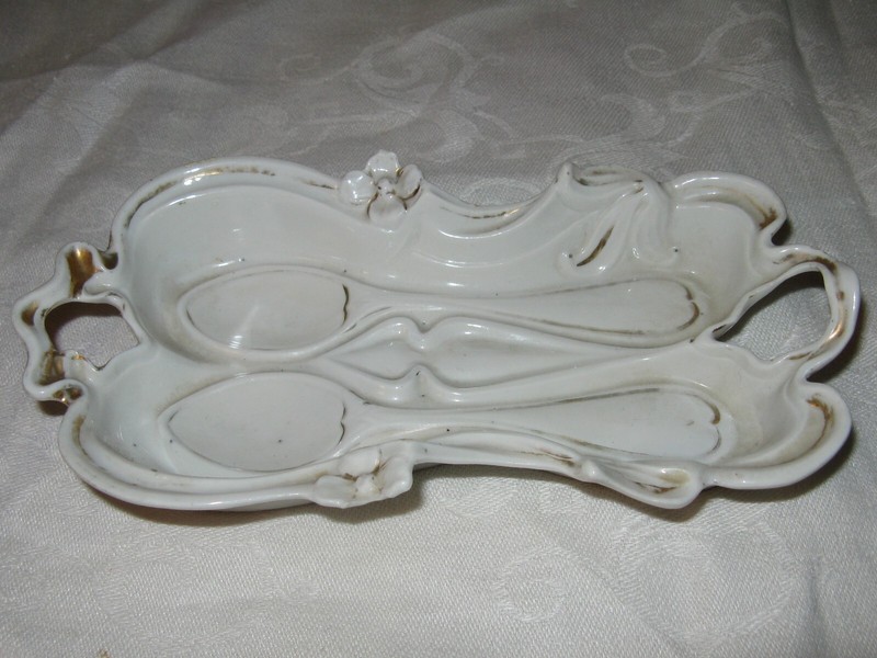 Vintage Porcelain Spoon Caddy Holder White China Victorian Handles Gold Germany?