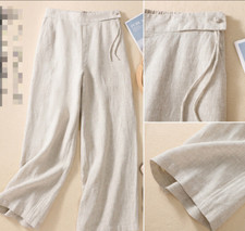 Womens Wide Leg Cotton Linen Pants Casual Loose Trouser Retro Elastic Waist New
