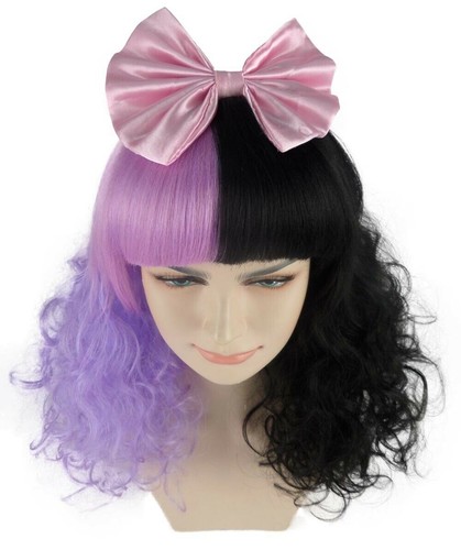 Adult Purple Black Wavy Curly Wig With Pink Bow Cosplay Melanie Party HW-558A - Picture 7 of 9