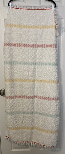 Pioneer Woman Bath Towel White Multicolor Stripe Embossed Floral Fringe Ends - Picture 2 of 7