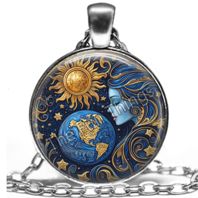 Celestial Art Print Starry Night Sun Moon Necklace Pendant & 24'' Link Chain