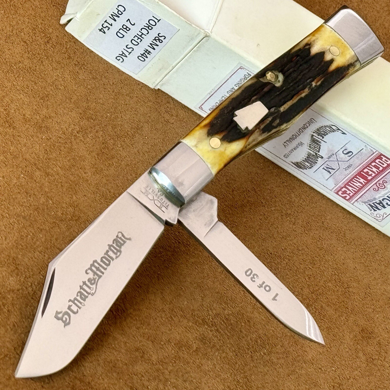 Schatt & USA Torched Stag Gunstock Jack Knife makers of Queen