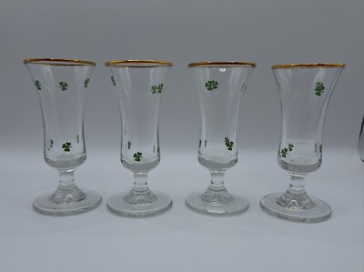 Irish Shamrock Cordial Glasses with Stem Gold Rim Irish Whiskey (Lot Of 4) VTG
