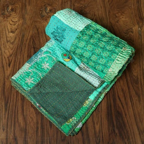 Silk Kantha Quilt Indian throw Reversible Blanket Bedspread - Picture 7 of 10