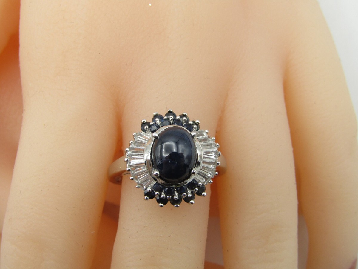 JTV Blue Lab Star Sapphire Diamond Rhodium Over Sterling Silver