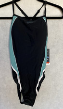 SPEEDO Black Teal Racing Cut Hydro Bra UPF 50 One Piece Swimsuit Size 14
