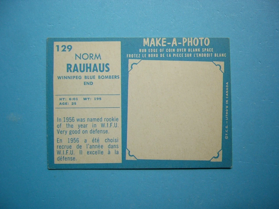 1961 TOPPS CFL FOOTBALL CARD #129 NORM RAUHAUS EX/NM SHARP!! '61 TOPPS - Image 2 of 2