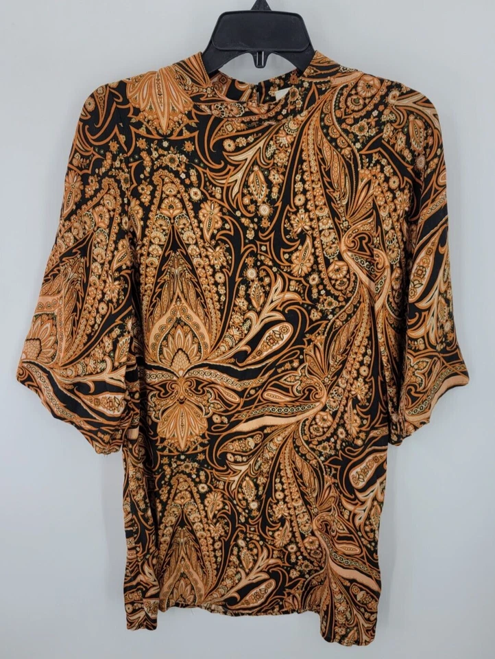 Top túnica H&M x Richard Allen para mujer 4 negro marrón cachemira manga campana arte boho Foto 2 de 4