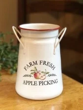 Primitive Farmhouse FARM FRESH APPLE BUCKET Metal Milk Can Utensil Container
