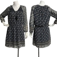 Madewell Woodland Dress Artisan Floral Women Sz 4 Black Tassel Tie Smocked Boho