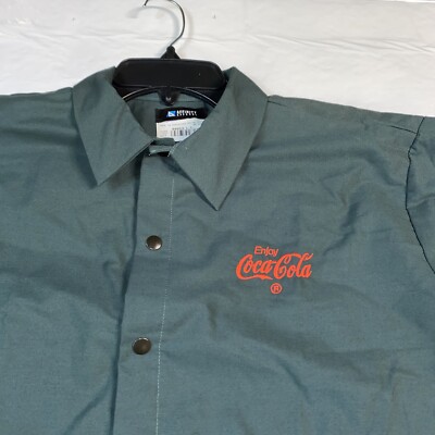 Coca Cola Shirt Men's LARGE No-Iron Logo Button Snap Dark Green Long Sleeves New