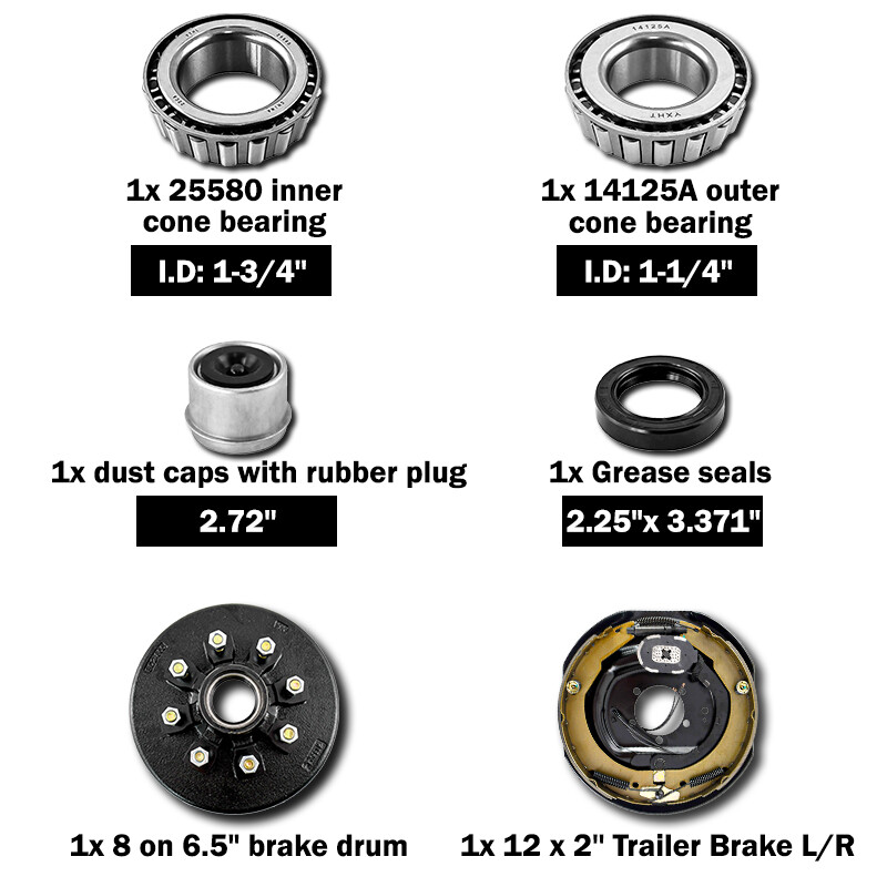RH Electric Trailer Brake 12x2" with Hub Drum Kit 8 on 6.5 For 7000lbs