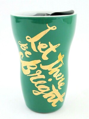 STARBUCKS Ceramic Travel Coffee Mug Cup GREEN & GOLD 9 oz 2014 SPECIAL EDITION