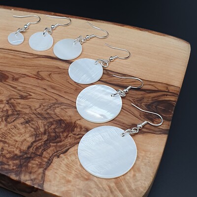 Shell Earrings White Mother of Pearl Disc Dangle Drop Sterling