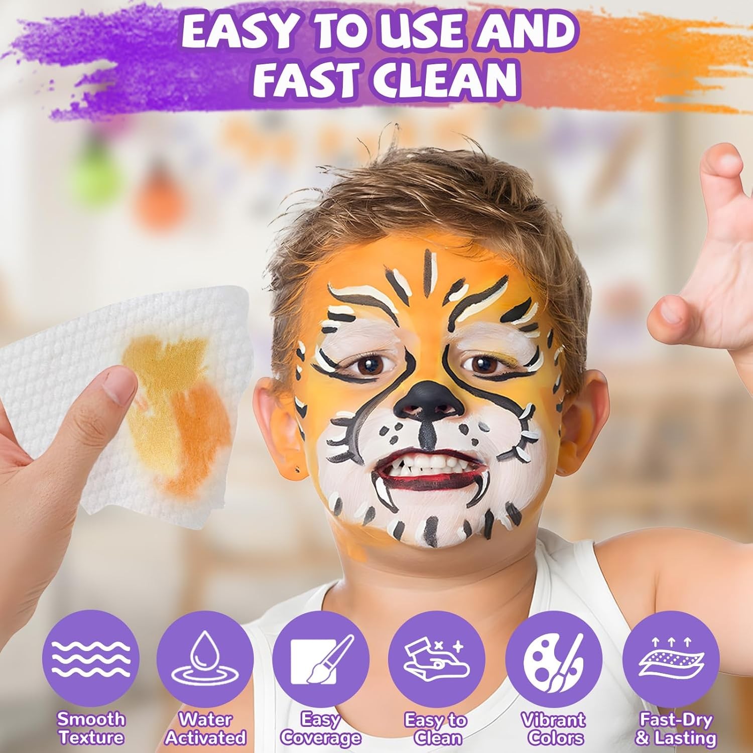 42 Color Water Activated Face Paint Kit with Stencils, Gems, Brushes for Kids