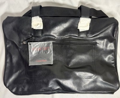 NEW w/ Tags - Calvin Klein Black Faux Leather Weekender Duffle Travel Tote Bag