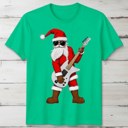 Rock Santa Mens Kids T-Shirt Cute Cartoon Guitar Christmas Music Lover ...