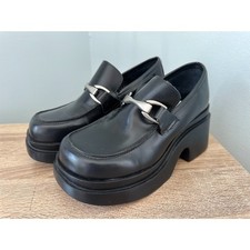 Vintage Steve Madden Black Leather Platform Loafers Chunky Bit Slip On Size 6.5