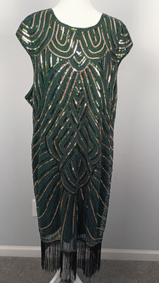 Babeyond Flapper Dress 3XL Green w/Green. & Gold Sequins 7'' Fringe Roaring 20's