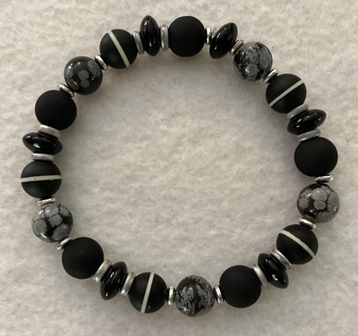 Mens Black& Grey Snowflake Obsidian & Tibetan Agate Bracelet Bracelet 8.5 Length