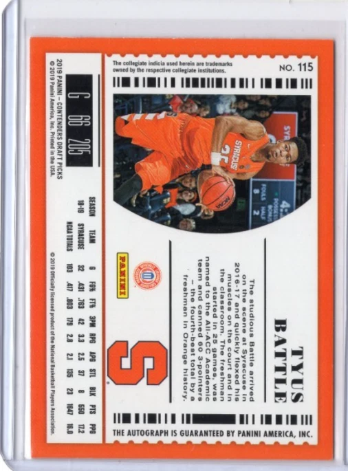 TYUS BATTLE NCAA Syracuse 2019-20 Panini Contenders Draft RC Auto #115 Card - Image 2 of 2