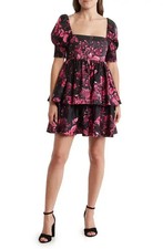 Alice + Olivia Mini Dress Womens Size 4 Emmalou Puff Sleeve Tiered Floral Pink