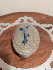 Vintage Rare Rowe Pottery Works Stoneware Oval Trinket Dish With Cobalt Flowers