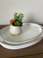 White Serving Trays with Handles, Oval Decorative Trays | Set of 2