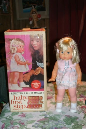 VINTAGE ADORABLE MATTEL 1964 BABY FIRST STEP DOLL WT BOX AND SHE WALKS TOO