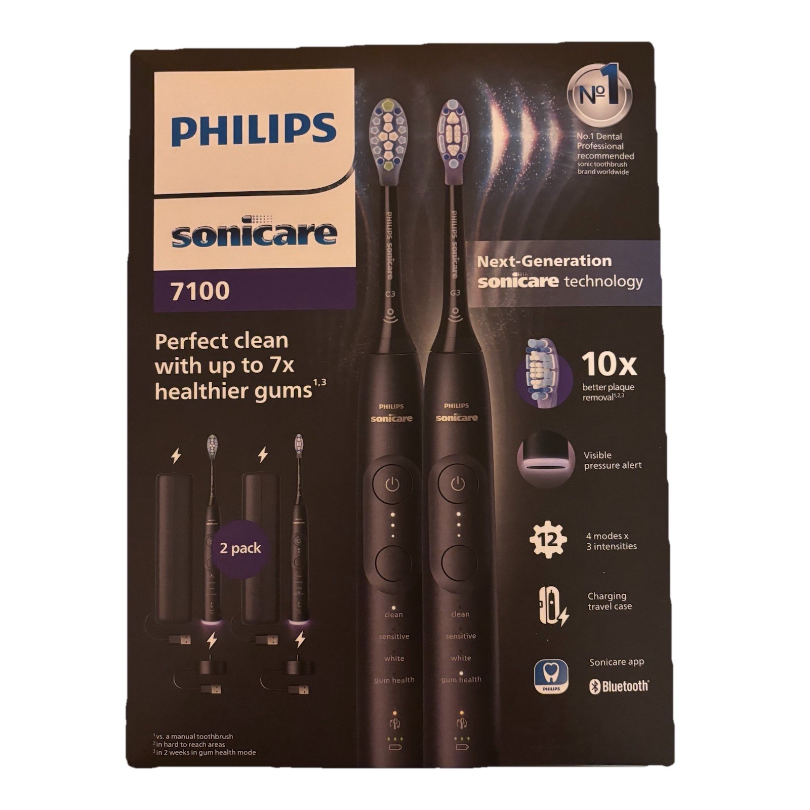 Philips Sonicare 7100 elektrische Zahnbürste, Schallzahnbürste mit App, 4 Putzmodi, 3 Intensitätsstufen, Andruckkontrolle, EasyStart, SmarTimer, Schwarz, 2er-Pack, Modell HX7429/03 [Neue Technologie] - Bild 5