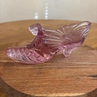 Fenton Art Glass slipper With a "Cat Head" design and a pink/rose swirled drape