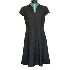 Talbots Dress Womens 10P Petite Black Eyelet Lace V Neck Fit & Flare Cotton