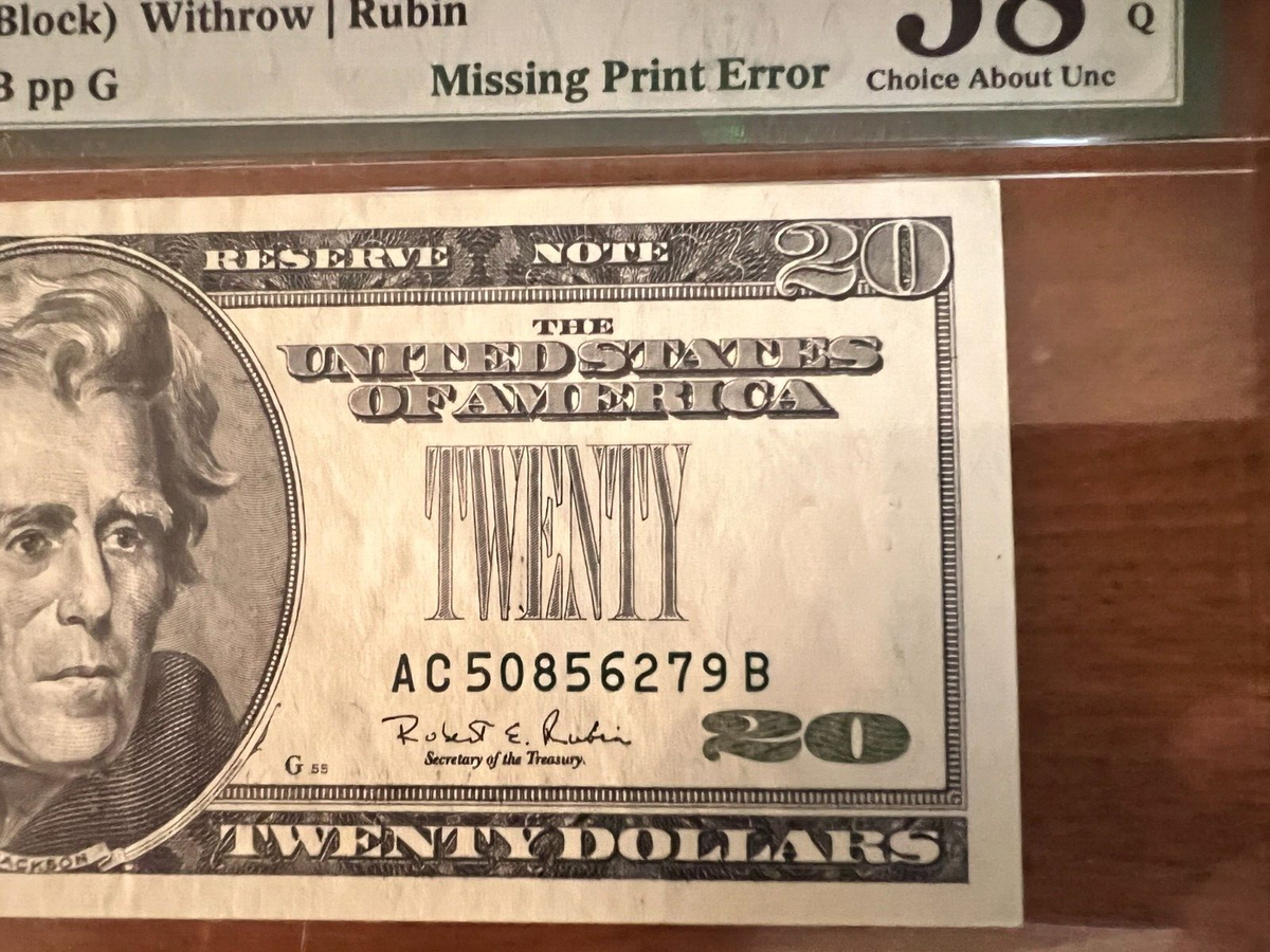 1996 $20 F R Note Philadelphia PMG 58 EPQ Treasury Seal Missing