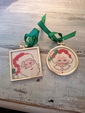 Vtg Handmade Cross Stitch Gold Tone Framed Christmas Ornaments Mr And Mrs Claus 