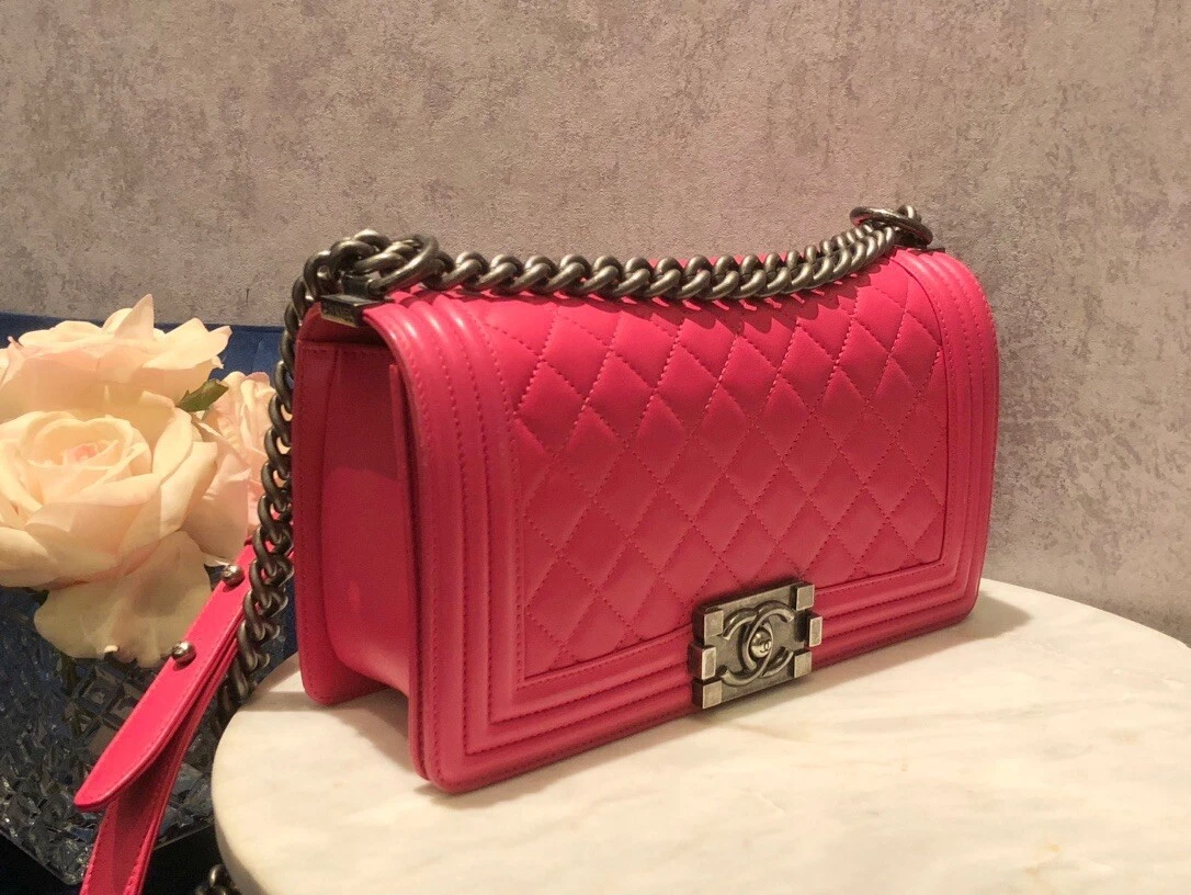 AUTH CHANEL HOT PINK FUCHSIA QUILTED LEBOY BOY CROSS BAG SILVER HW