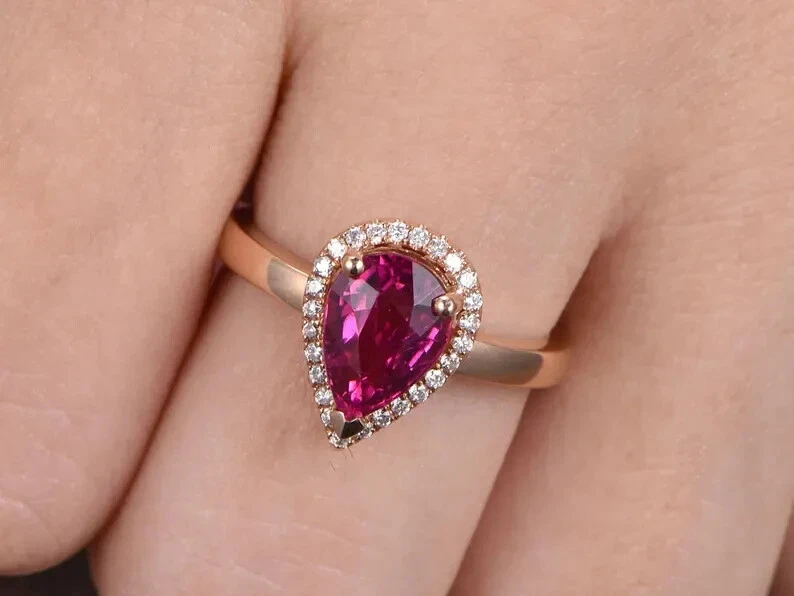 18K Gold Plated 925 Sterling Silver Rubellite Pear Cut Red Bridal Ring for Her - Image 4 of 4