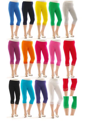 3/4 Leggings Capri mit Spitze kurz Baumwolle viele Farben Yoga Sport - Bild 1 von 3