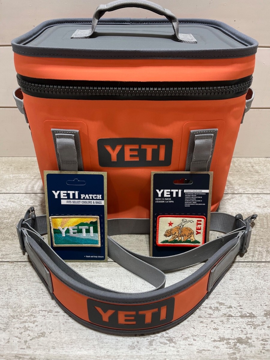 YETI Hopper Flip 12 Soft Cooler RARE🪸CORAL🪸+Yeti CALI BEAR RIDER&SUNRISE  Patch