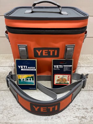 YETI Hopper Flip 12 Soft Cooler RARE🪸CORAL🪸+Yeti CALI BEAR RIDER&SUNRISE  Patch