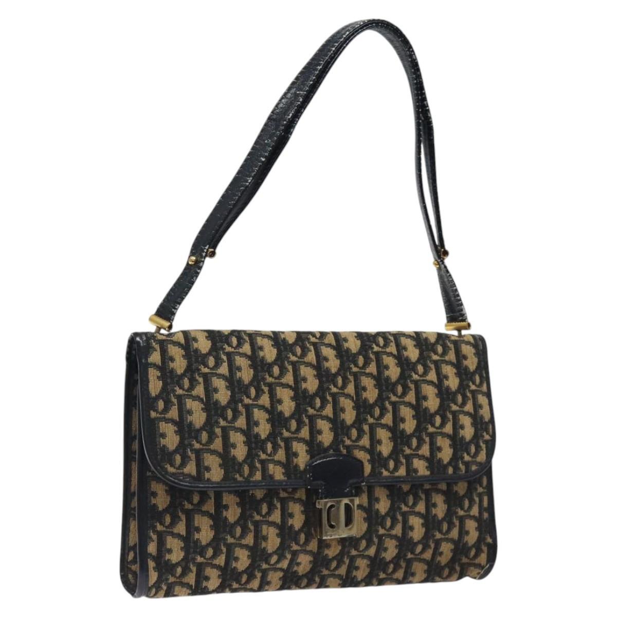 Christian Dior Trotter Canvas Navy Gold Shoulder Bag Authentic