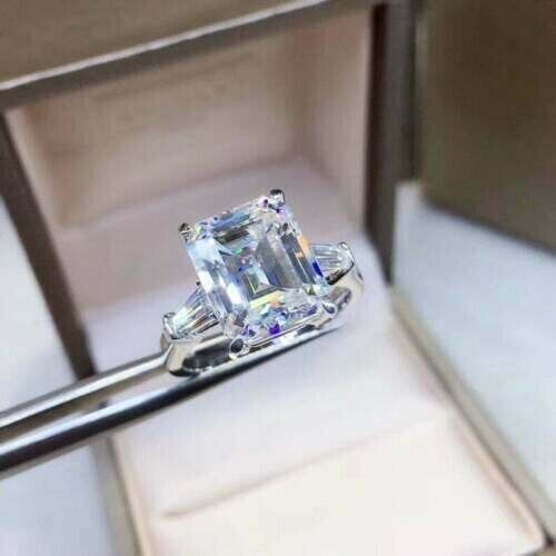 4 Ct Emerald-Cut Simulated Three Stone Engagement Rings In 14K White Gold Finish - Picture 4 of 8