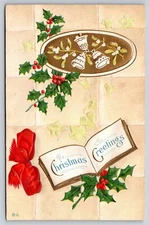 Holiday~Holly Bells & Christmas Greeting On Book~Vintage Postcard